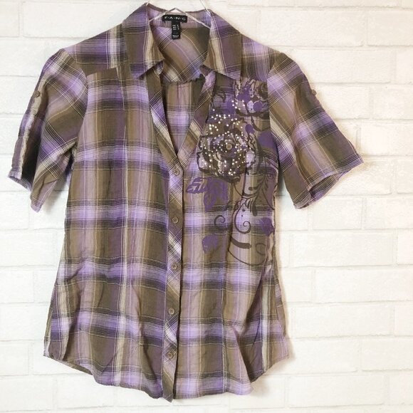Fang Rhinestone Purple & Brown Plaid Short Sleeve Button Down Women's Size M - Picture 1 of 6